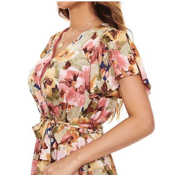 Women's Casual Dresses Short Sleeve V-Neck Short Party Dress Floral Flare Midi M - Picture 5 of 10